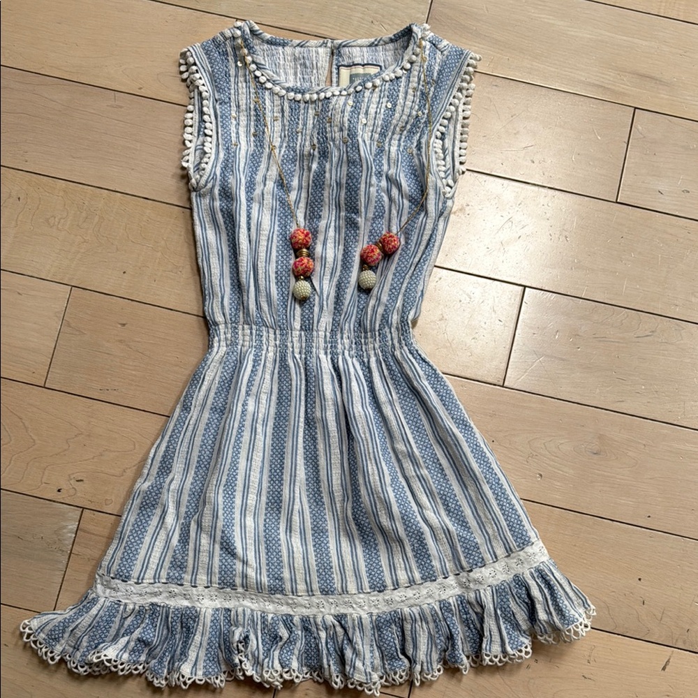 BELL by Alicia girls Blue Striped Kids Dress with Lace Trim